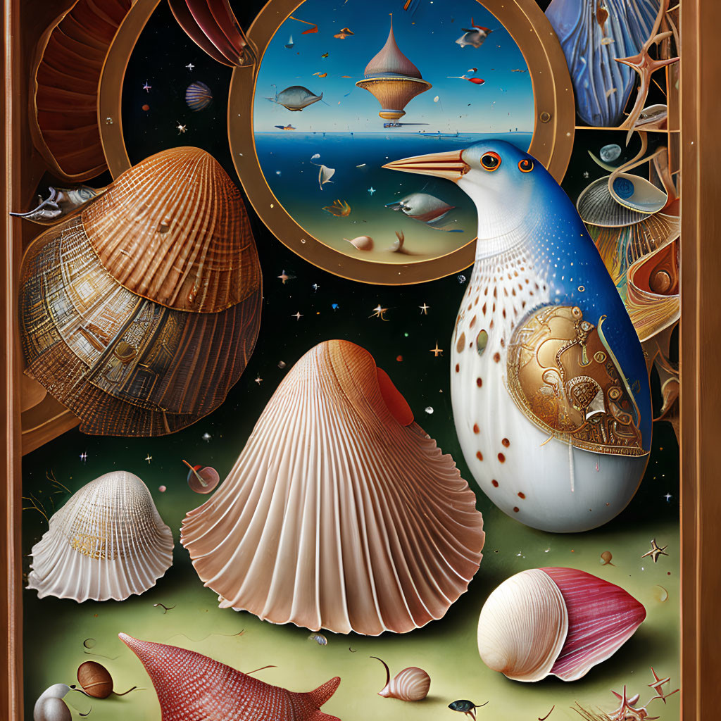 Surreal bird with mechanical parts, seashells, planets, and a spaceship in cosmic scene