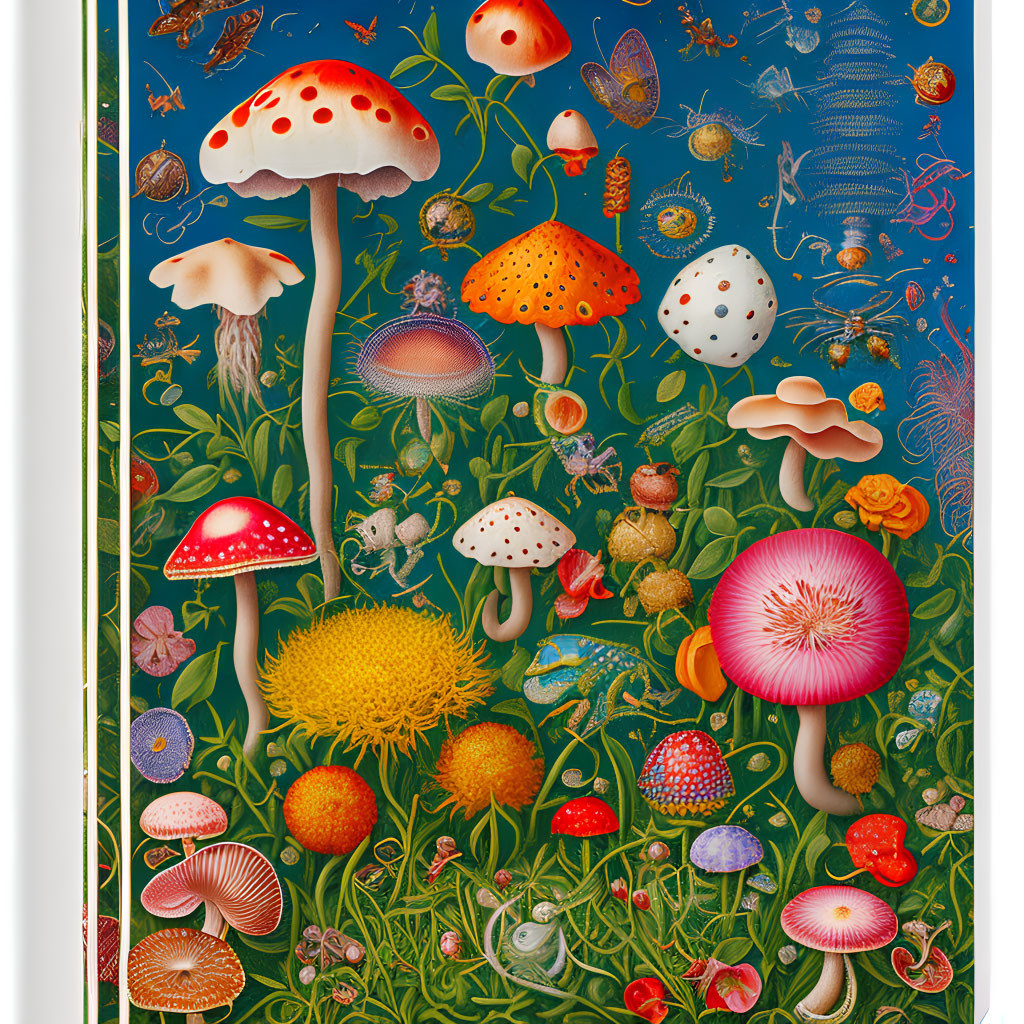 Colorful Mushroom and Foliage Illustration with Ethereal Insects