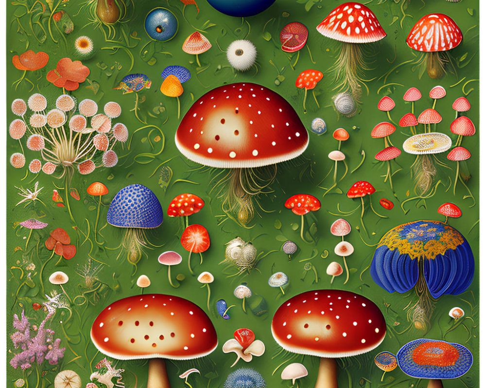 Colorful Mushroom and Botanical Illustration on Green Background