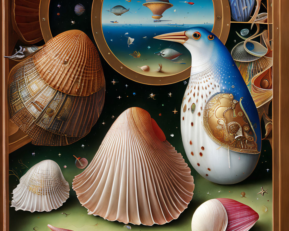 Surreal bird with mechanical parts, seashells, planets, and a spaceship in cosmic scene