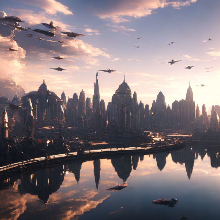 Futuristic sunset cityscape with skyscrapers and flying vehicles