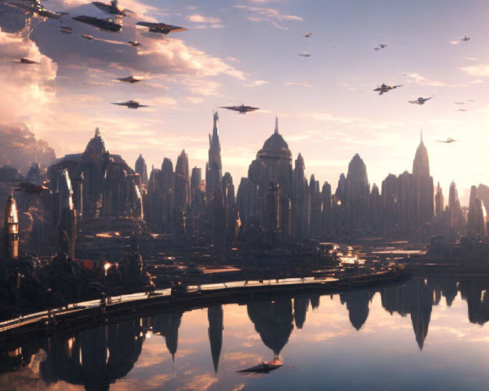 Futuristic sunset cityscape with skyscrapers and flying vehicles