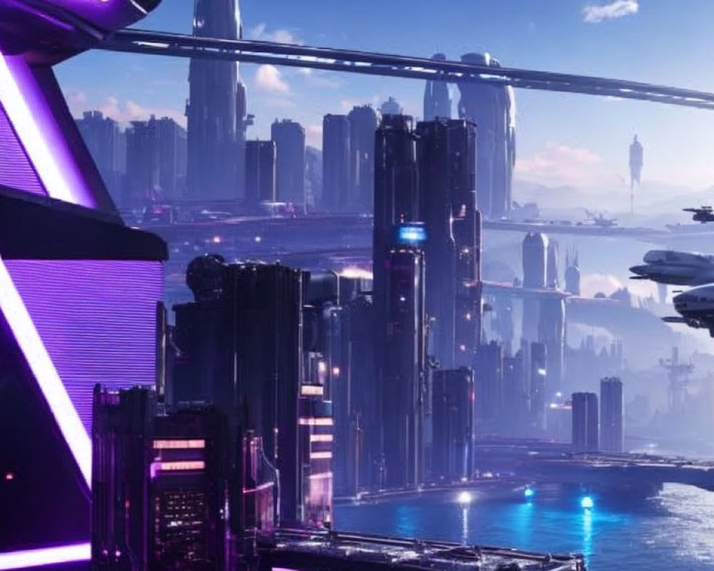 Futuristic Cityscape with Skyscrapers and Neon Lights