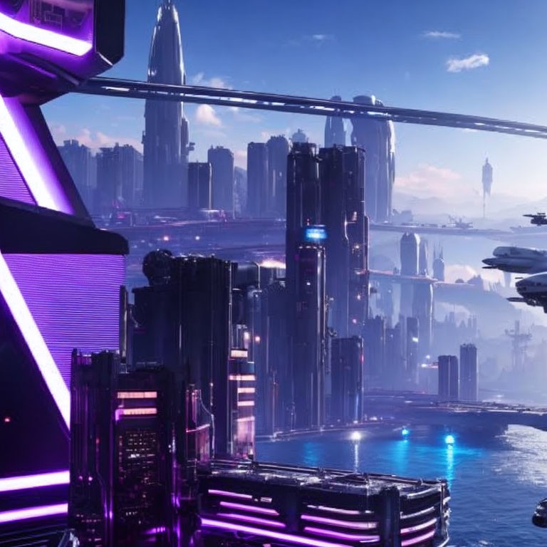 Futuristic Cityscape with Skyscrapers and Neon Lights