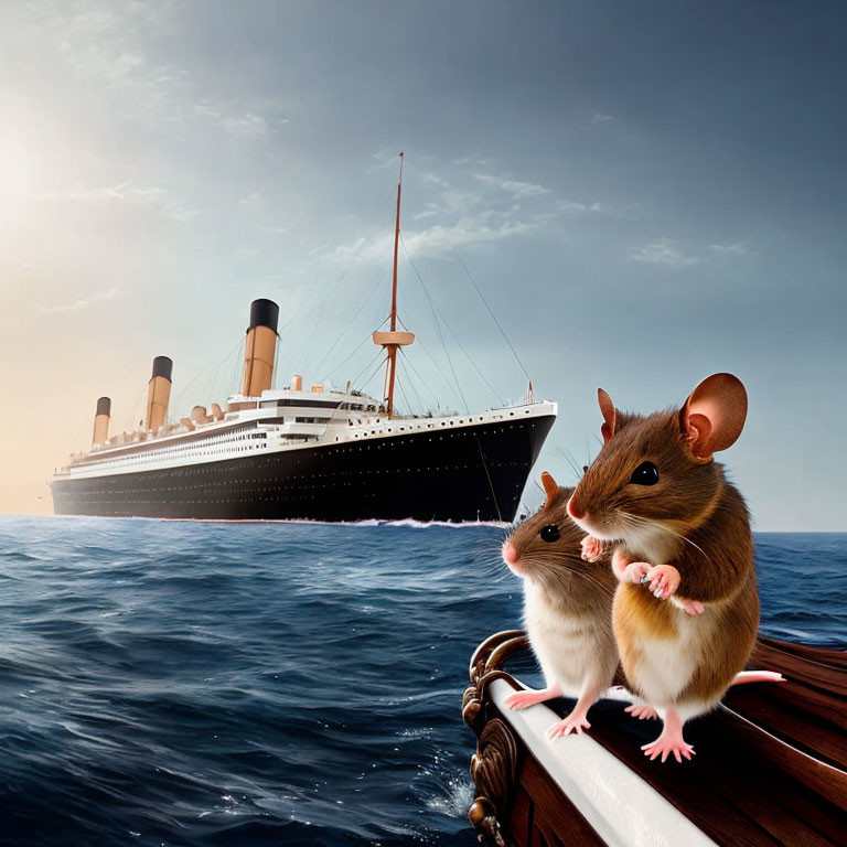 Two Mice on Boat with Titanic-Like Ship Background