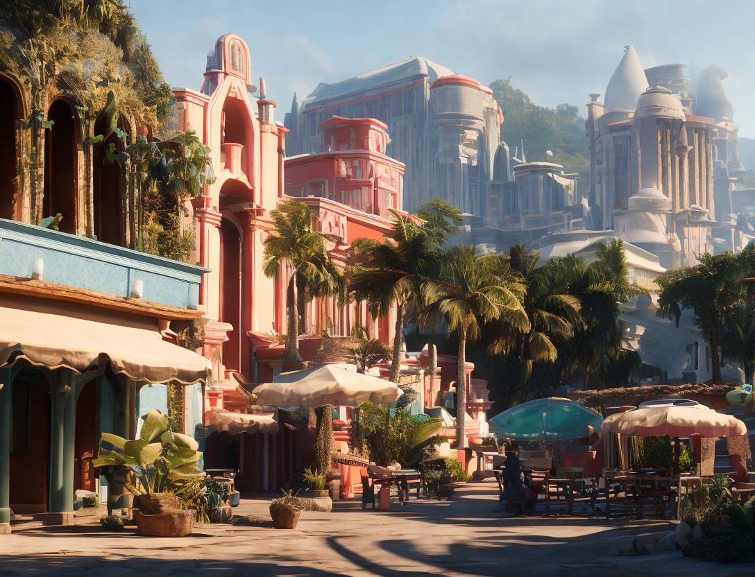 Tranquil street scene with terracotta and sandstone buildings, palm trees, and blue sky