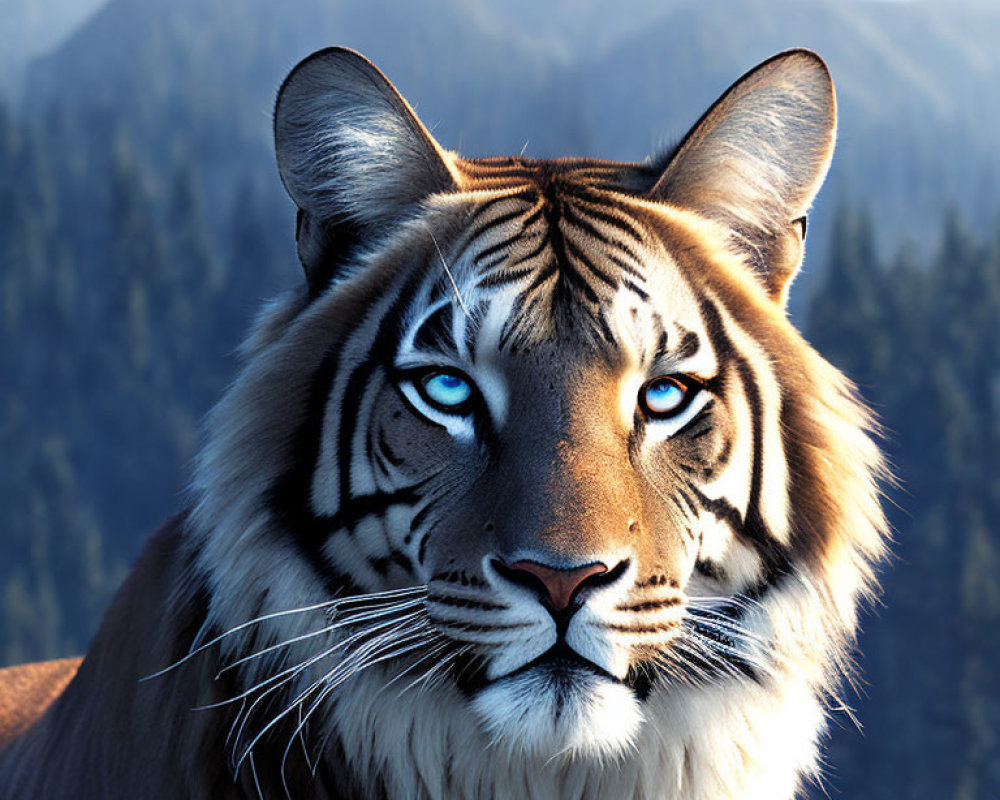 Detailed digital illustration: Tiger with blue eyes in mountain and forest setting