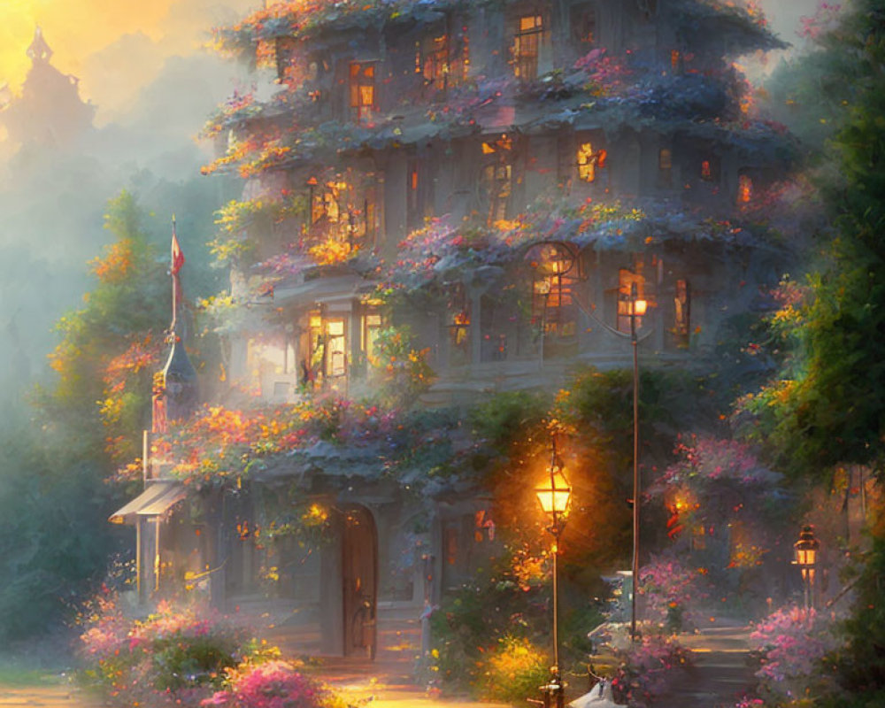 Whimsical multi-story building with lush flowers and ivy in serene, golden-lit setting.