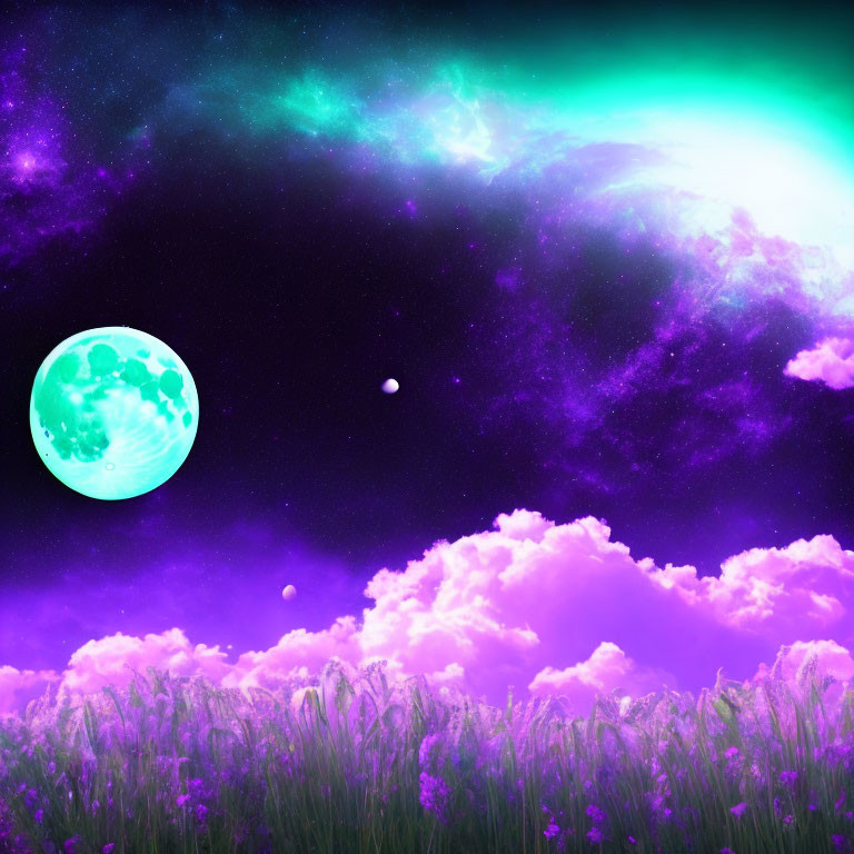 Fantasy landscape with green moon, purple sky, and pink clouds