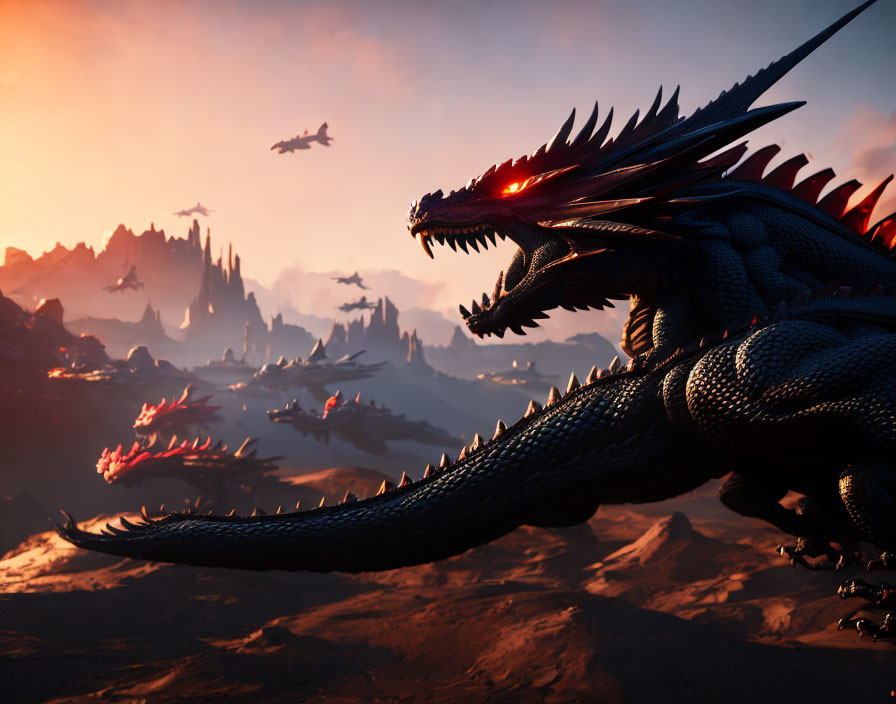 Glowing-eyed dragons on rocky terrain at sunset