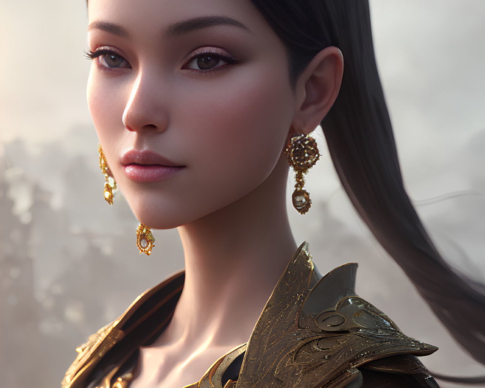 Detailed 3D-rendered portrait: Woman with black hair, golden earrings, ornate shoulder armor
