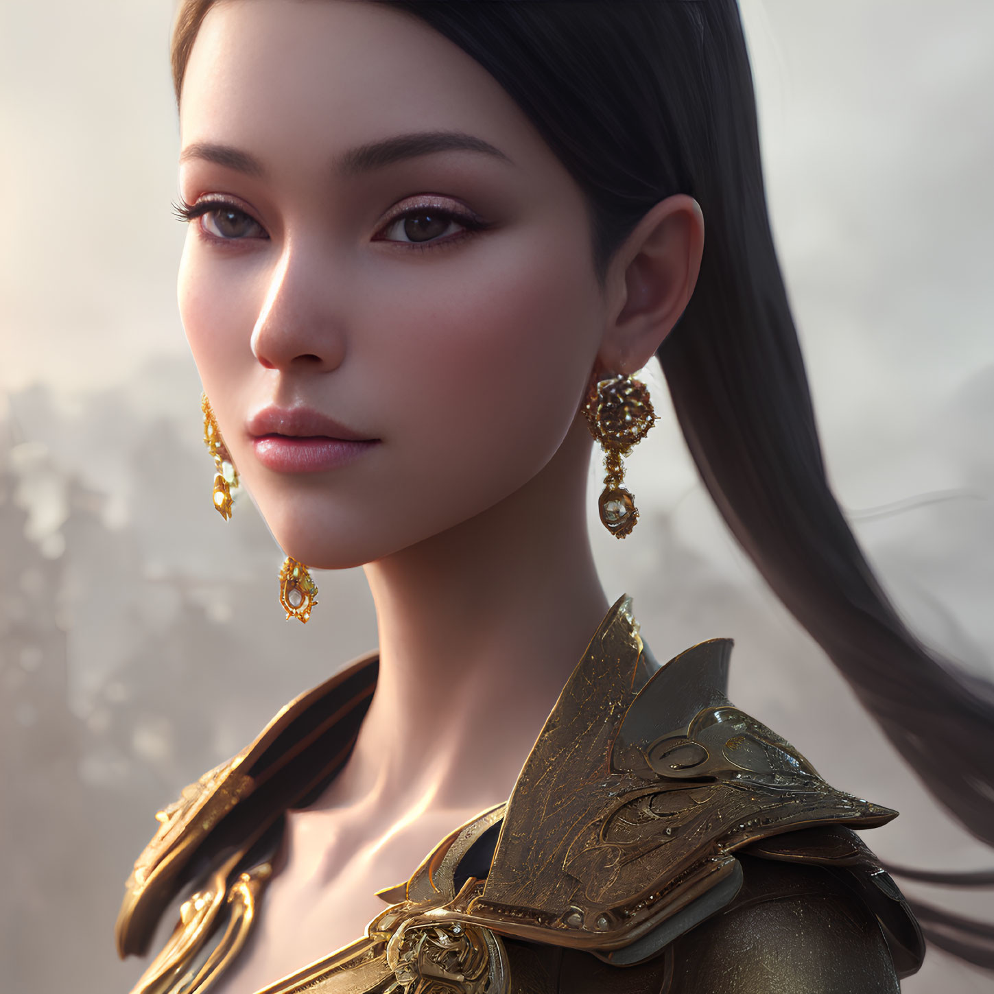 Detailed 3D-rendered portrait: Woman with black hair, golden earrings, ornate shoulder armor
