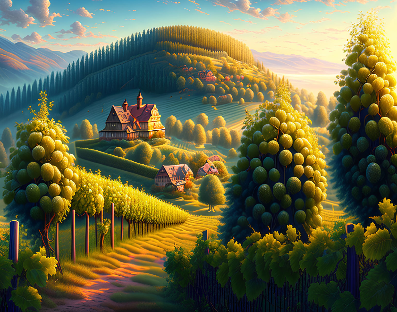 Sunset vineyard landscape with rolling hills and golden light