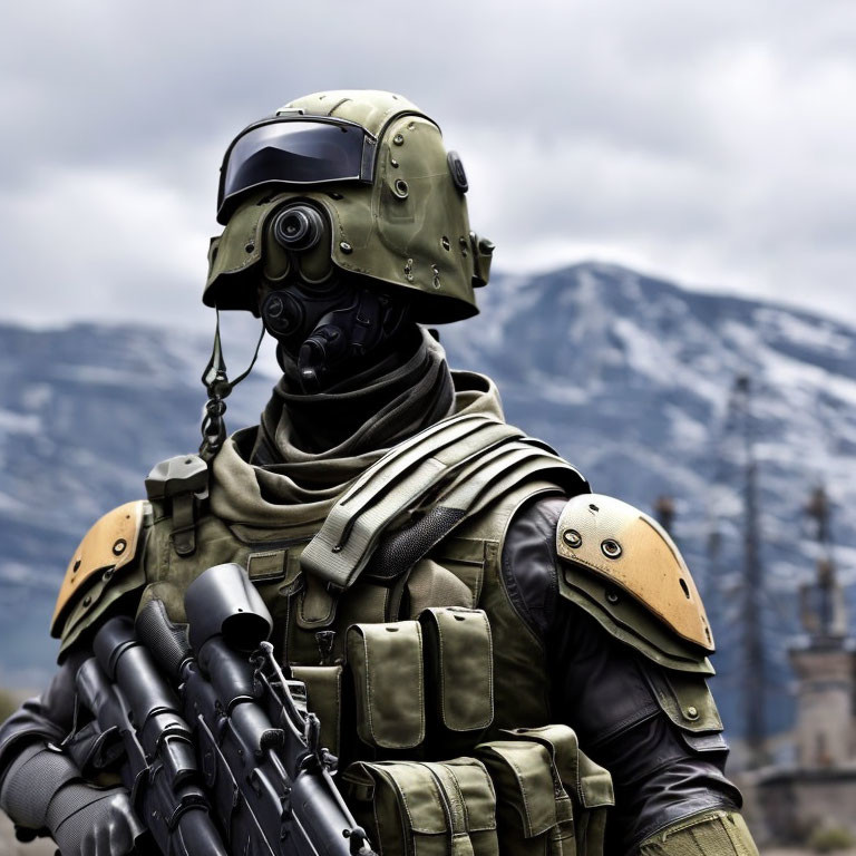 Person in advanced military gear with helmet, body armor, and rifle in front of mountains