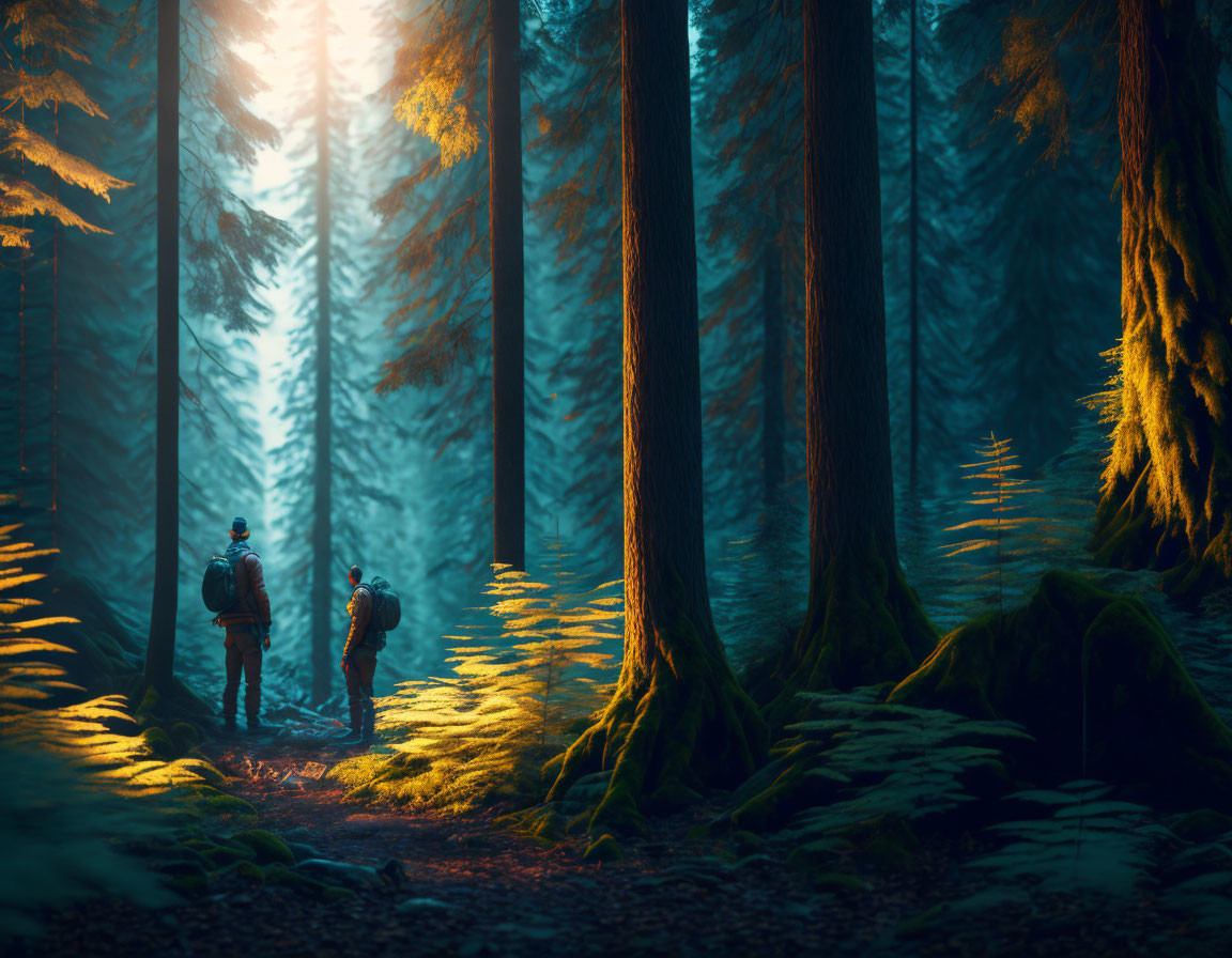 Hikers in mystical forest with sunbeams and pine trees