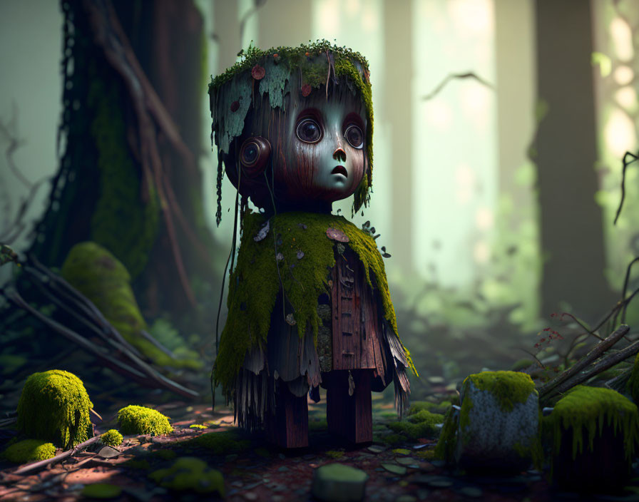 Wooden creature with large eyes in lush forest scenery