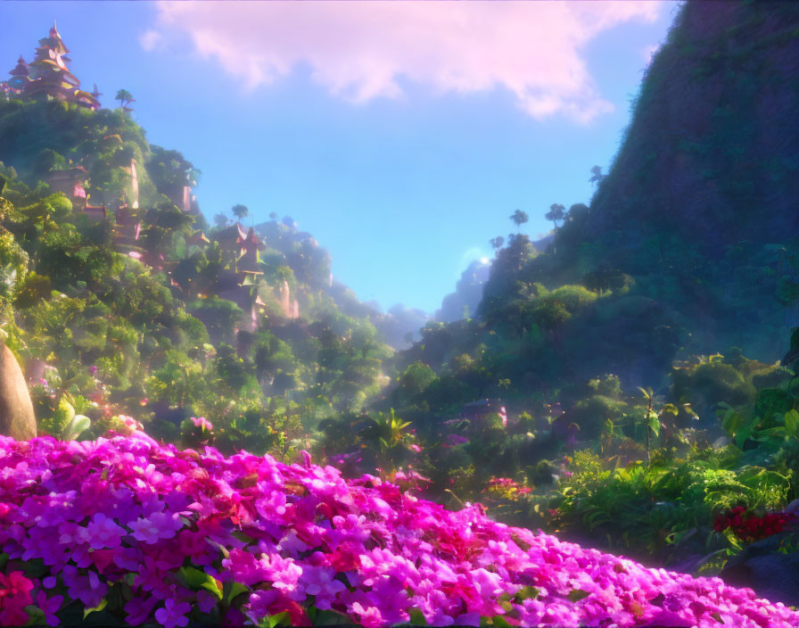 Vibrant animated landscape with greenery, pink flowers, and mystical temple