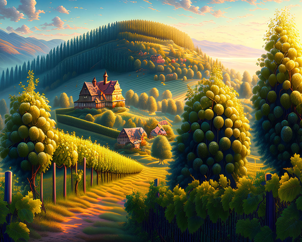 Sunset vineyard landscape with rolling hills and golden light