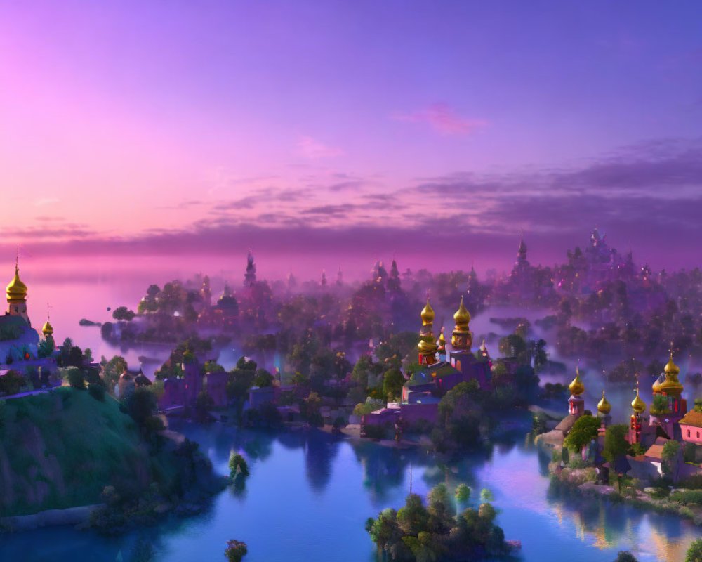 Twilight landscape with purple skies, golden domes, lush greenery, waterways, and mystical