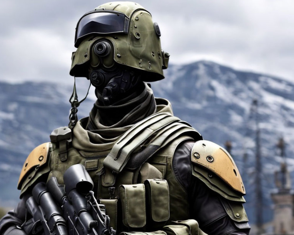 Person in advanced military gear with helmet, body armor, and rifle in front of mountains