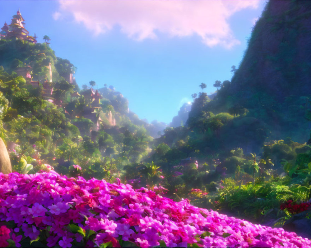 Vibrant animated landscape with greenery, pink flowers, and mystical temple