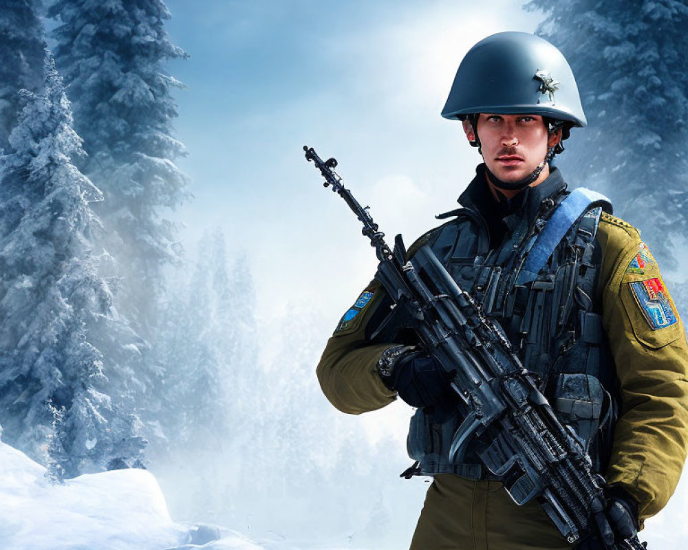 Soldier in Cold-Weather Gear with Rifle in Snowy Forest