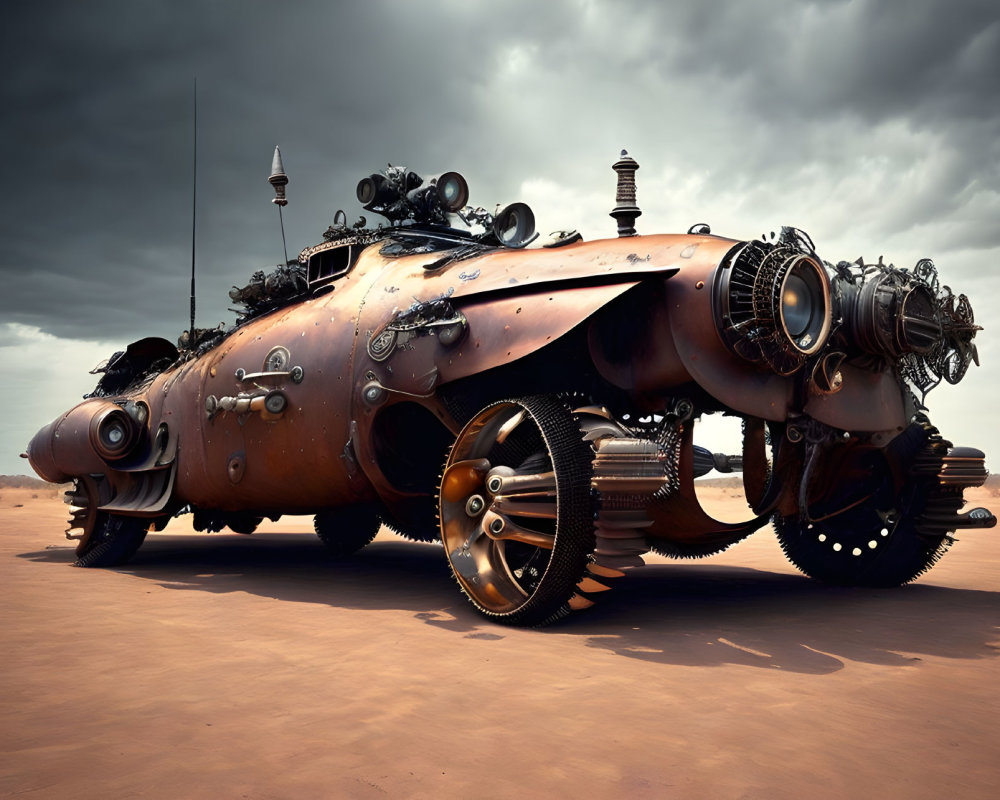 Retro-futuristic vehicle with oversized wheels in sandy desert landscape