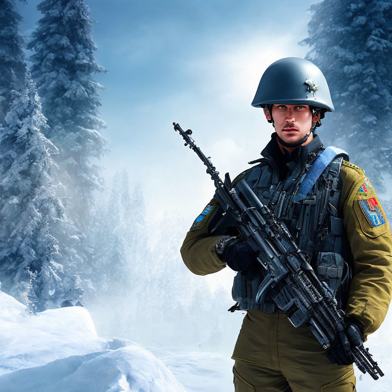 Soldier in Cold-Weather Gear with Rifle in Snowy Forest