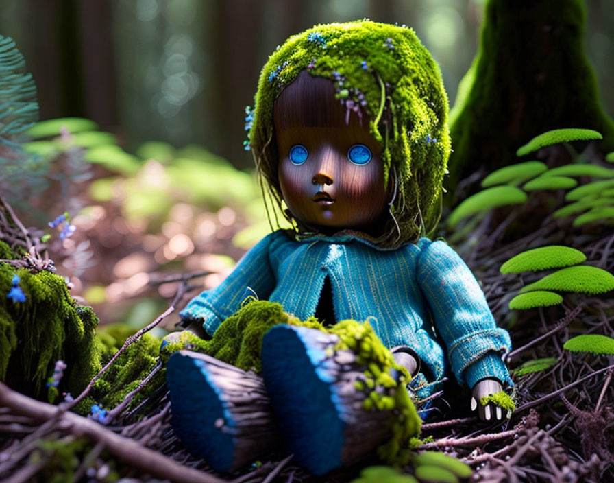 Mossy-haired doll with blue eyes in forest setting among ferns and tree roots