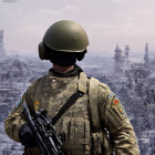 Person in advanced military gear with helmet, body armor, and rifle in front of mountains