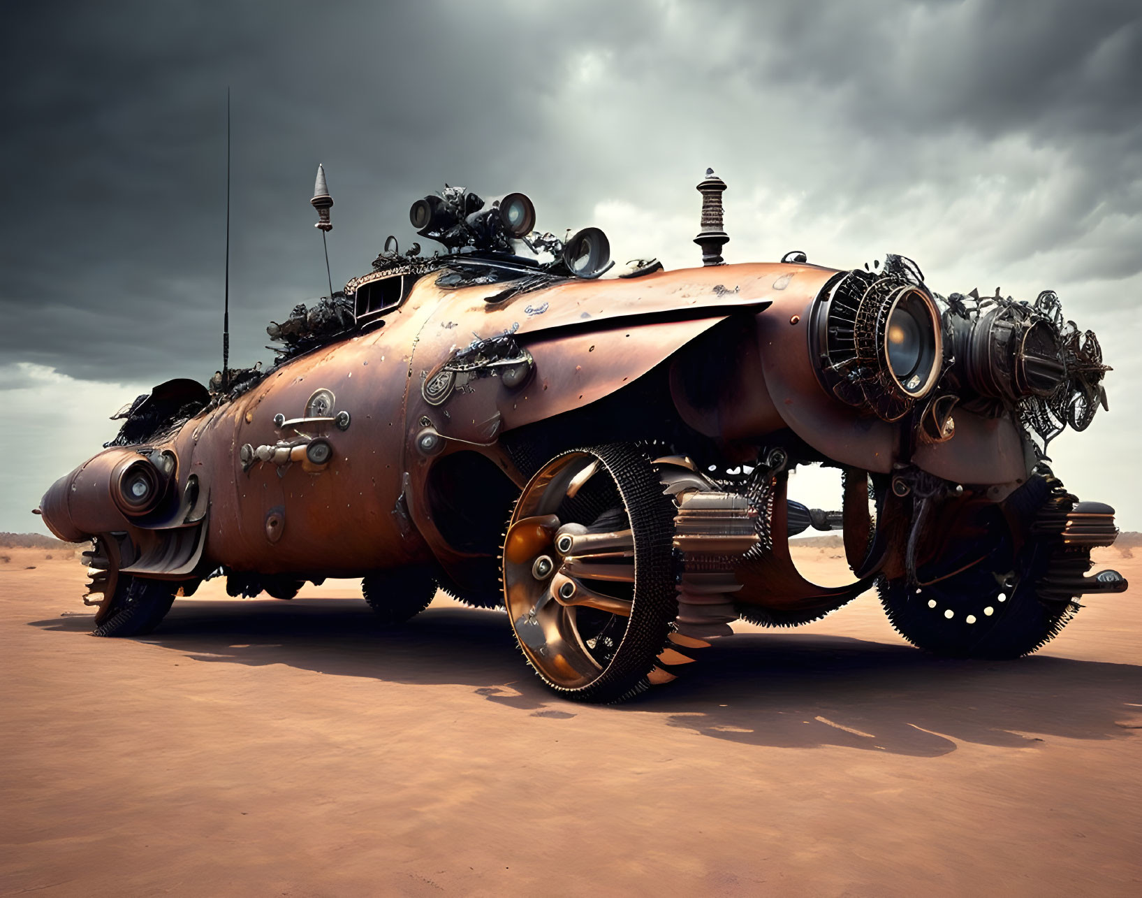 Retro-futuristic vehicle with oversized wheels in sandy desert landscape