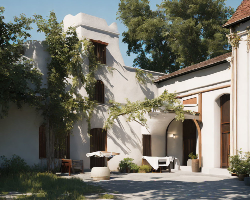 Courtyard with Leafy Vines, Outdoor Furniture, and Terracotta Roof