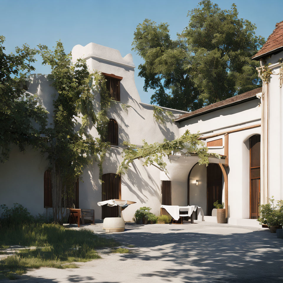 Courtyard with Leafy Vines, Outdoor Furniture, and Terracotta Roof