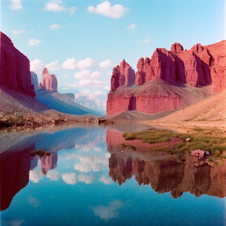 Tranquil lake mirroring red cliffs under blue sky