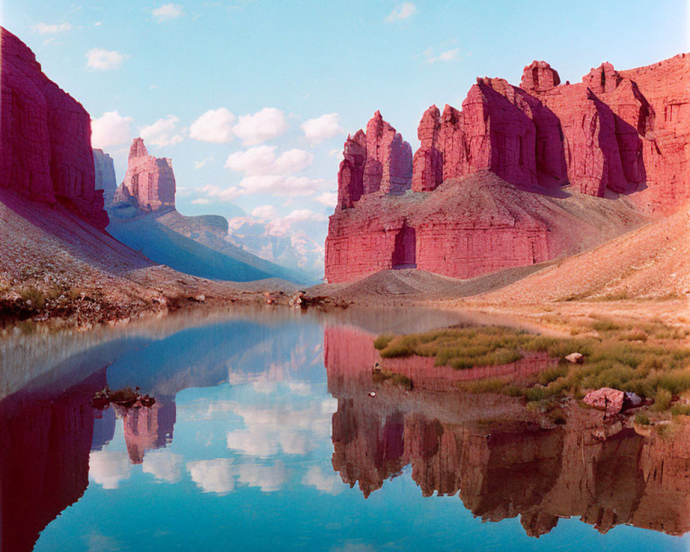 Tranquil lake mirroring red cliffs under blue sky