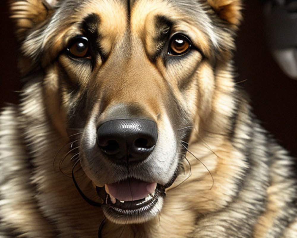 German Shepherd with focused expression and collar tags against dark background