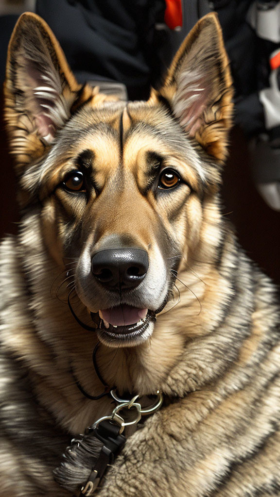 German Shepherd with focused expression and collar tags against dark background