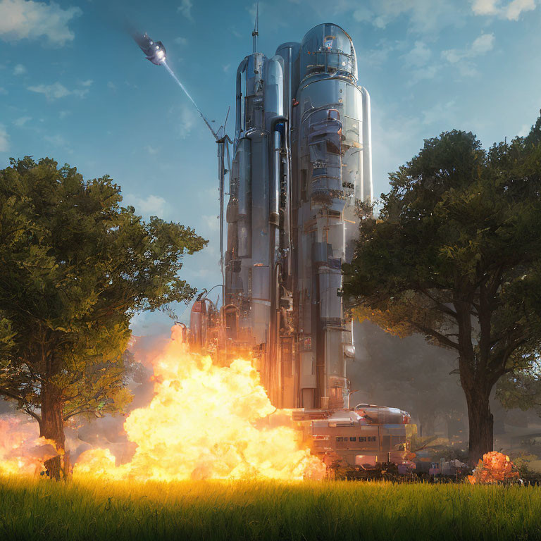 Futuristic rocket launch beside trees with fiery engines in clear sky