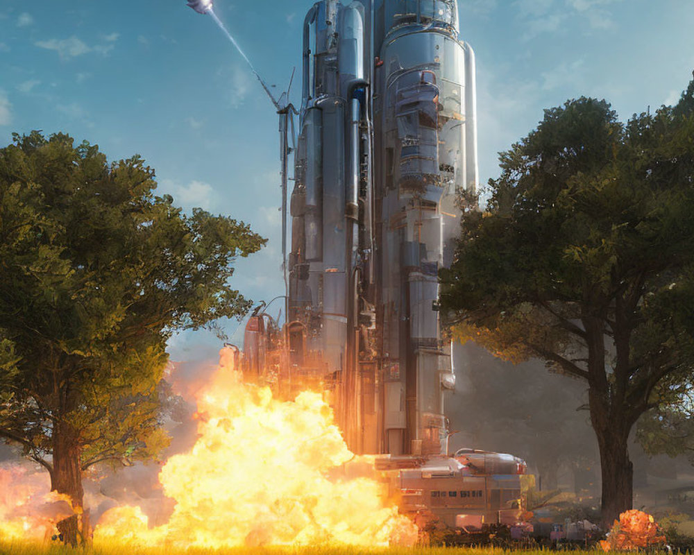 Futuristic rocket launch beside trees with fiery engines in clear sky