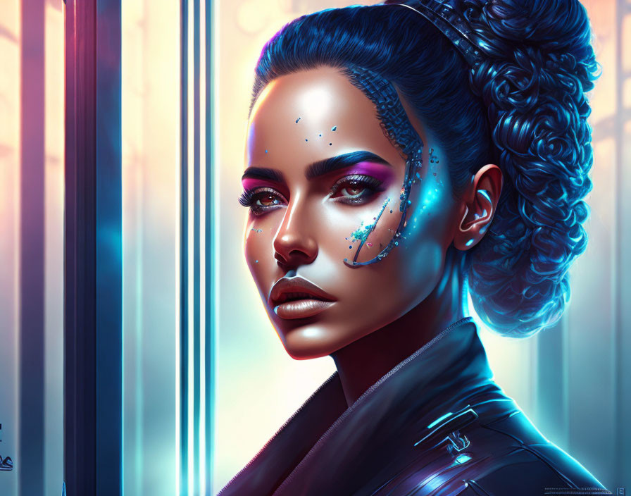 Futuristic cybernetic woman with neon makeup illustration