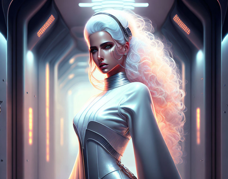 White-haired futuristic woman in cybernetic headphones in spaceship corridor.