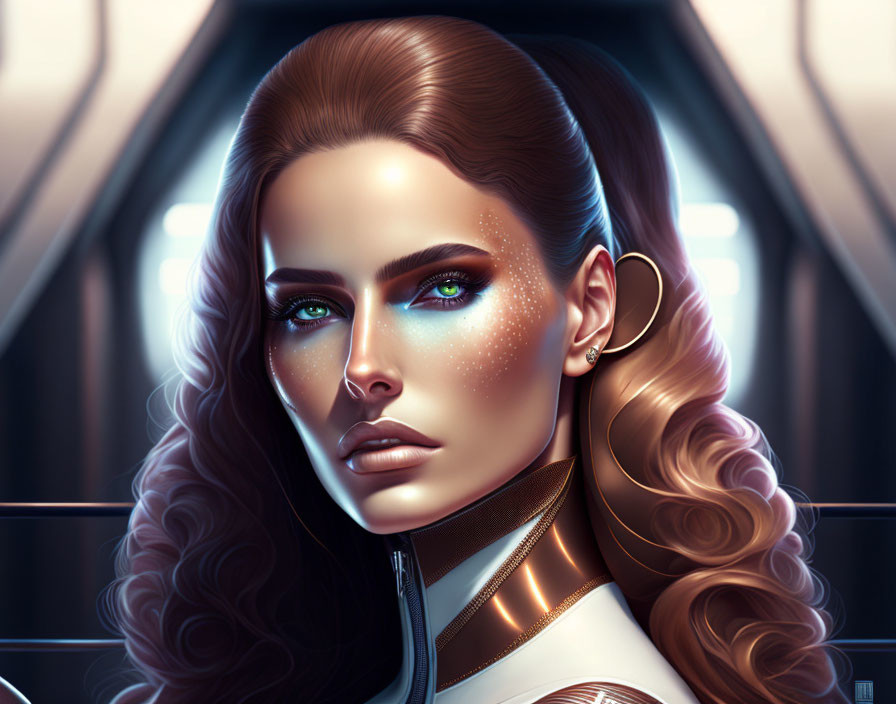 Digital portrait: Woman with blue eyes, shimmering make-up, wavy hair, futuristic attire