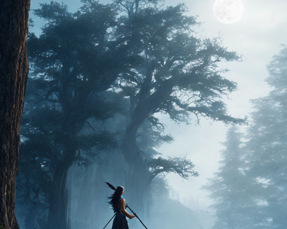 Robed figure with staff gazes at ethereal moon in misty forest