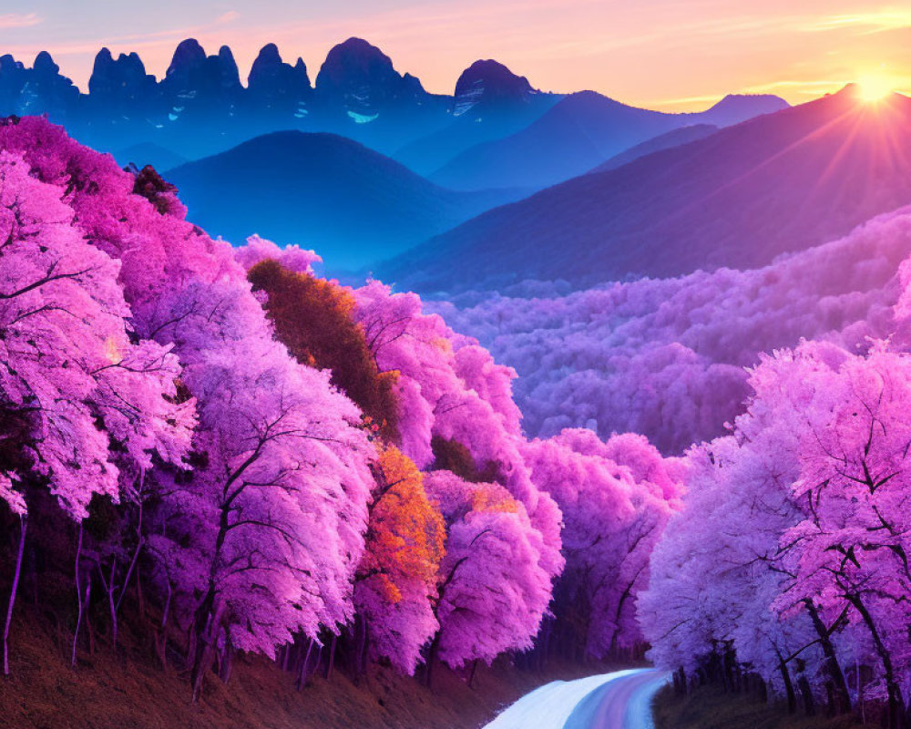 Vibrant sunset scene: colorful forest, pink foliage, winding road, mountain range, vibrant sky