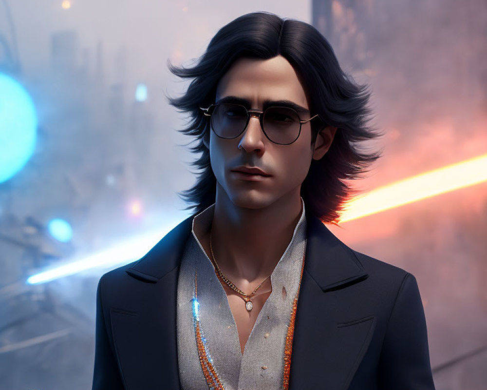 Man with Long Hair and Glasses in Suit in Futuristic Cityscape