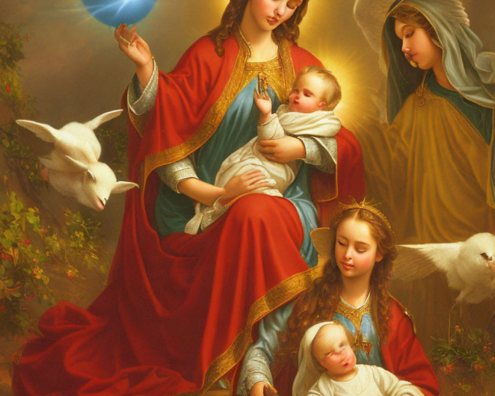 Religious artwork: Virgin Mary holding baby Jesus with angels under heavenly light