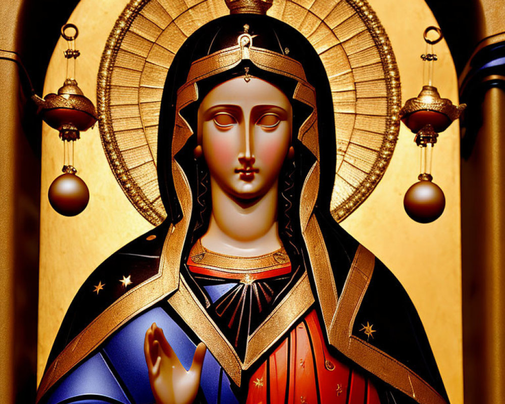 Saint depicted with halo, crown, lamps on gold background