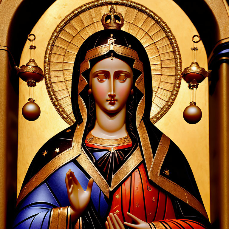 Saint depicted with halo, crown, lamps on gold background