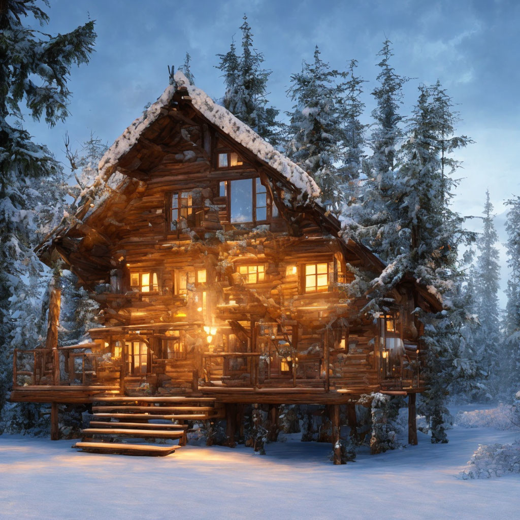 Snow-covered forest cabin at dusk