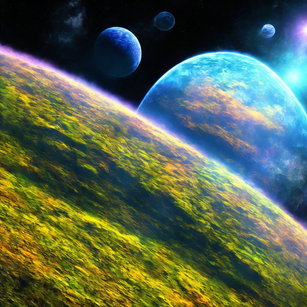 Colorful planet with moons and stars in cosmic landscape